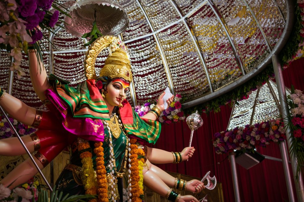 An idol of Maa Durga Devi at a temple in Mumbai, India during Navratri 2019