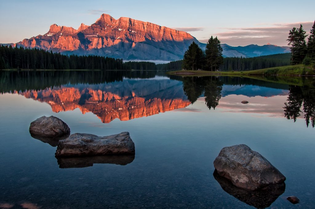 There is something about a huge mountain reflection in a lake that just puts you at ease. Here is another picture from my trip to the Canadian Rockies. Lake Minnewanka at Sunrise.